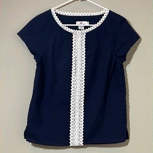 Vineyard Vine Navy Swiss Dot Top with White Lace